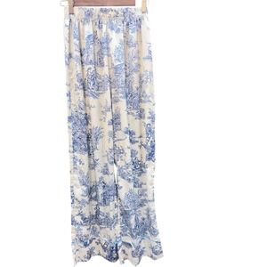 Cider Blue White Toile De Jouy Pajama Pants Wide Leg Satin Lounge Small